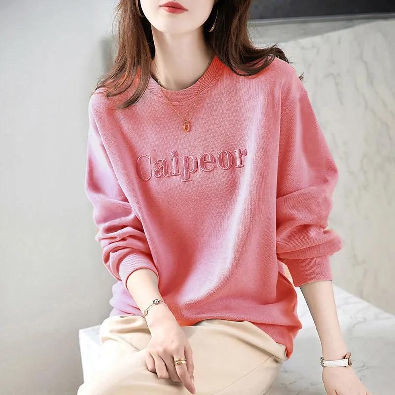 Sweatshirt for Women Cotton Oversize EmbroiderySlimming Loose Round Neck Casual Pullover Long Sleeve Spring Sweatshirt Top
