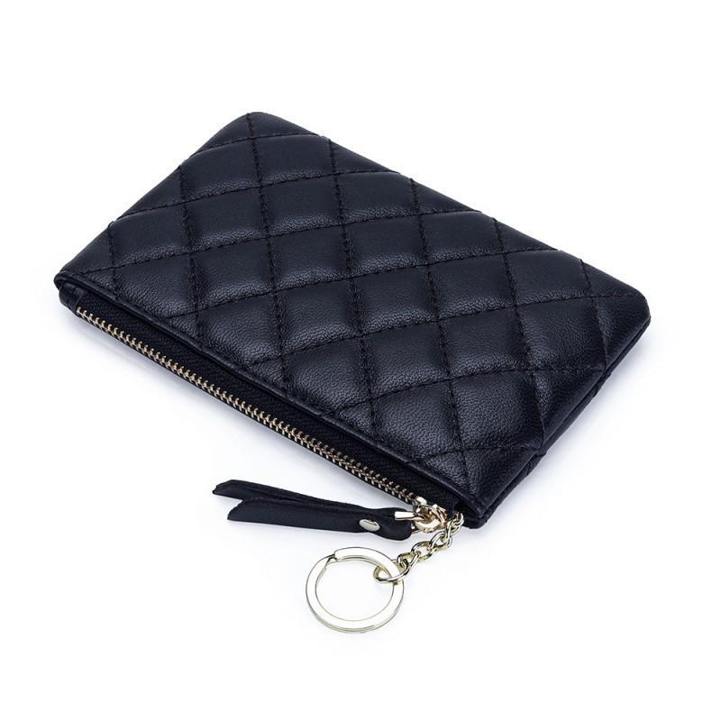 Korean Sheepskin Change Purse Women's Hand-held Key Chain Loose Wallet Diamond-grid Zipper Mini Genuine Leather