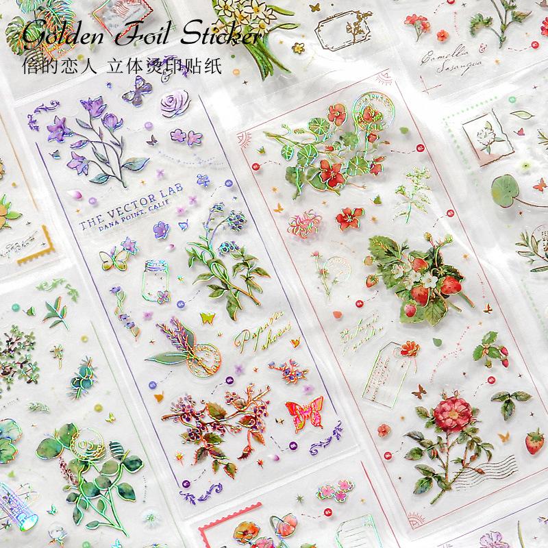 3Pcs Gold Foil Long Strip Flower & Fruit Stickers Retro Luxury Style Journal DIY Collage Decor Supplies