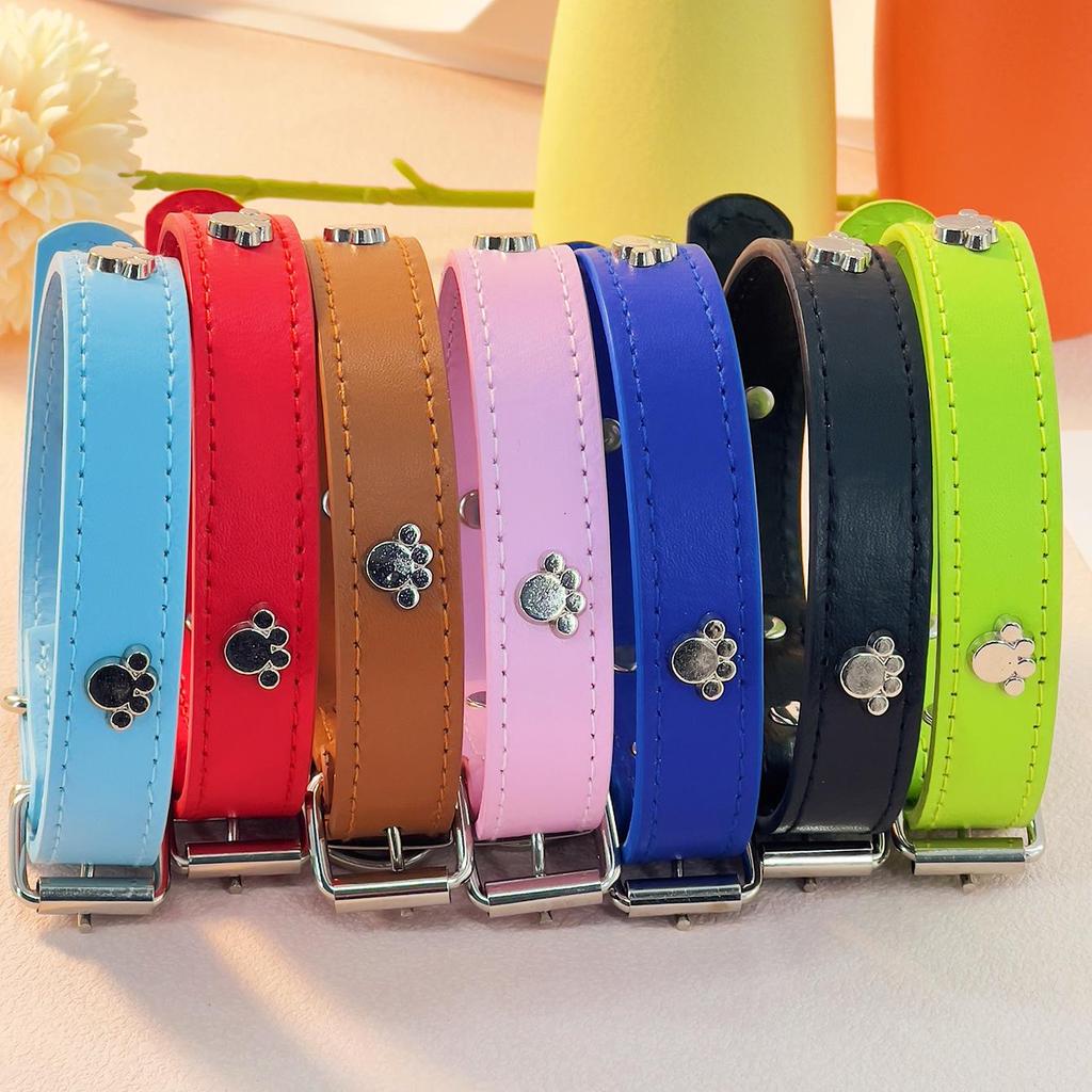 Pet Paw Print PU Leather Collar with Metal Decor for Small and Medium Dogs and Cats