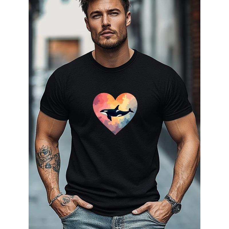 Herren-T-Shirt in Übergröße, Bequem und Vielseitig, Entspannt und Lässig, Herren Sommer Lässiges Rundhals-Kurzarm-T-Shirt mit Orca-Muster