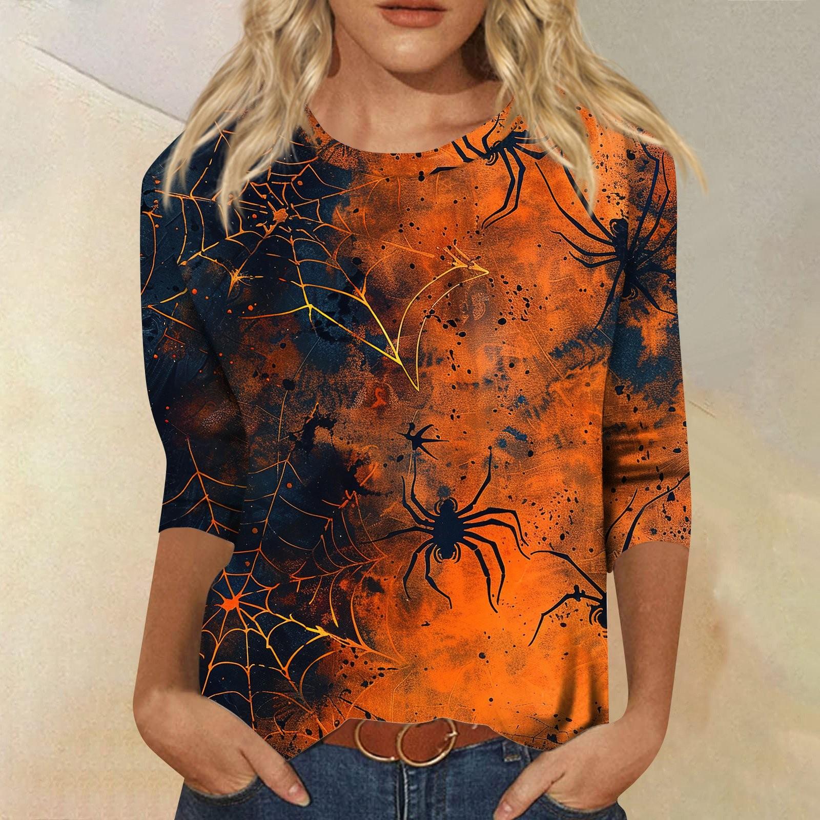 

Женские топы Рубашка с рукавом три четверти V-образный вырез Свободная повседневная рубашка Футболка с принтом S шафрановый