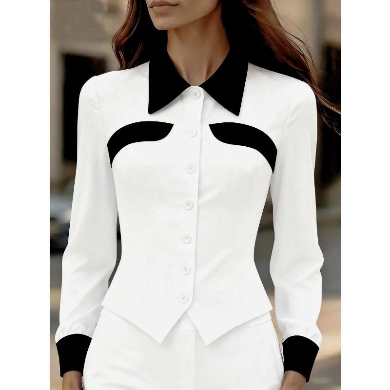 Women Autumn Brown White Contrast Collar Cuff Fitted Asymmetrical Hem S