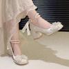 Fashion Bow Block Heel Single Shoes Autumn New Square Toe Shallow Mouth Beaded One Strap Anti-Slip Wear-Resistant High Heels
