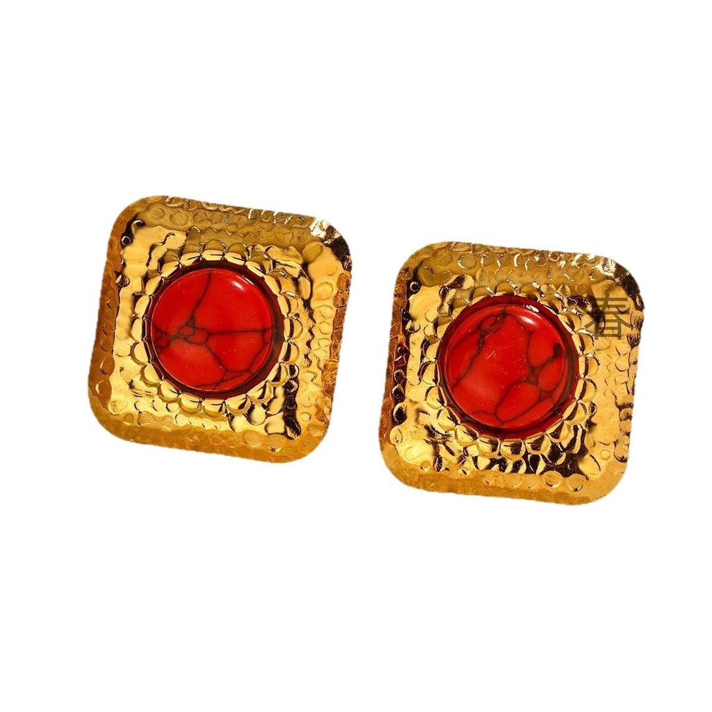 French Retro Turquoise Square Earrings 1111 Trendy Niche Design Sense Premium Earrings Titanium Steel Earrings