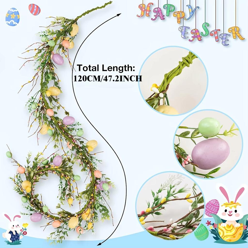 Colorful 5.9ft Artificial Easter Egg Wreath - Rustic Spring Vine Decoration for Holiday & Table Centerpiece, Decoration, 1pc