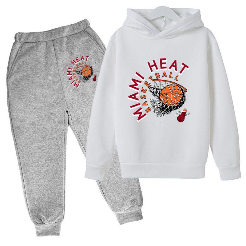 Autumn Winter Miami Heat Basketball Hoop Printed Hoodies Sweatpants Set Fashionable Casual Warm Sports Long Sleeved Pants Men's Sport Wear