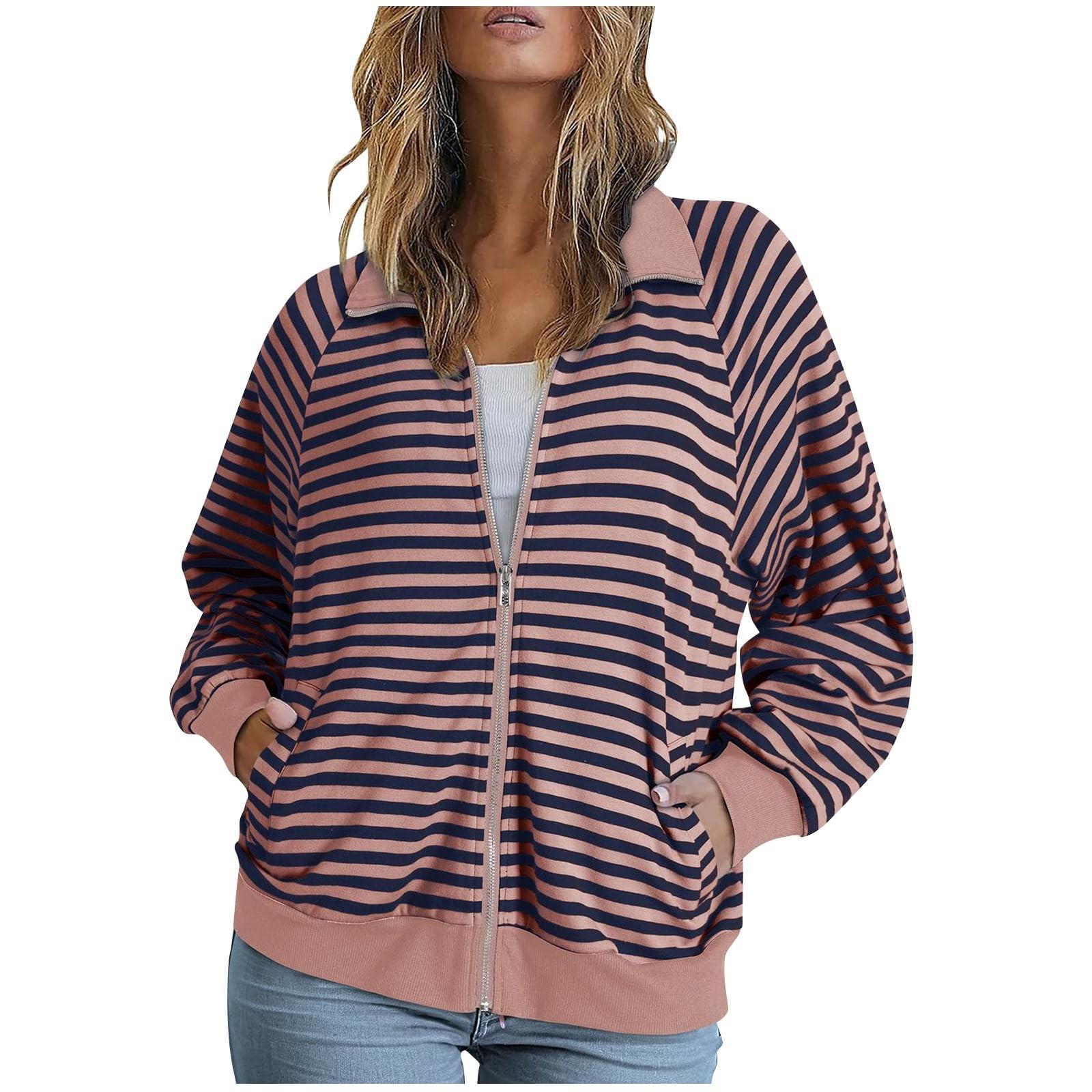 

Женский свободный повседневный кардиган с полосатыми лацканами и контрастными карманами, длинный рукав, куртка S розовый