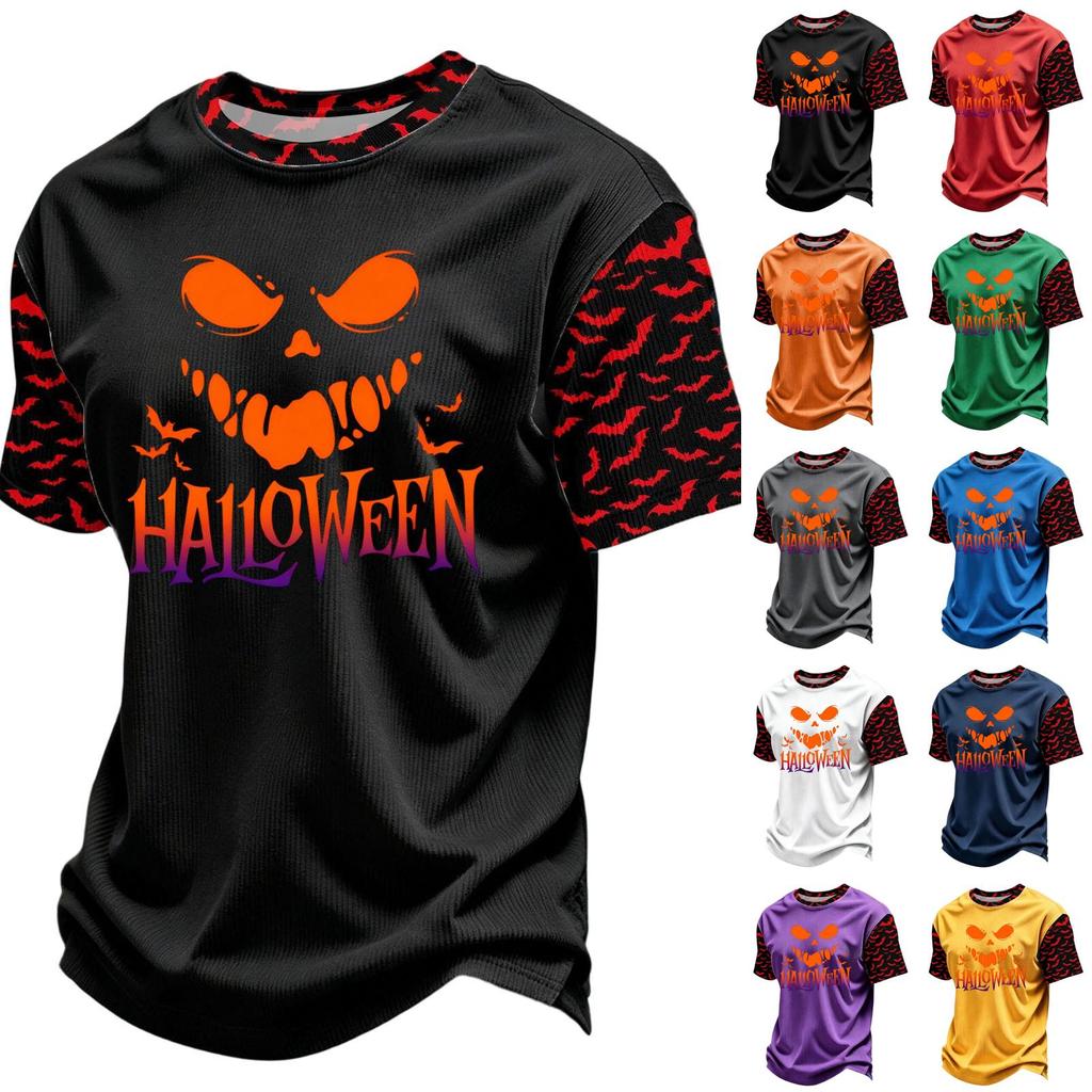Men's Casual Corduroy Round Neck Lightweight Breathable Short Sleeve Top Halloween Print Lettering Design