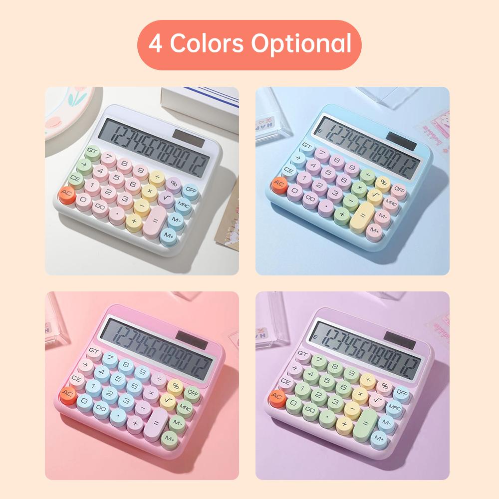Mechanical Calculator 12 Digit Large LCD Display Big Round Button 15 degrees Tilt Screen Cute Candy Colored Dual Power