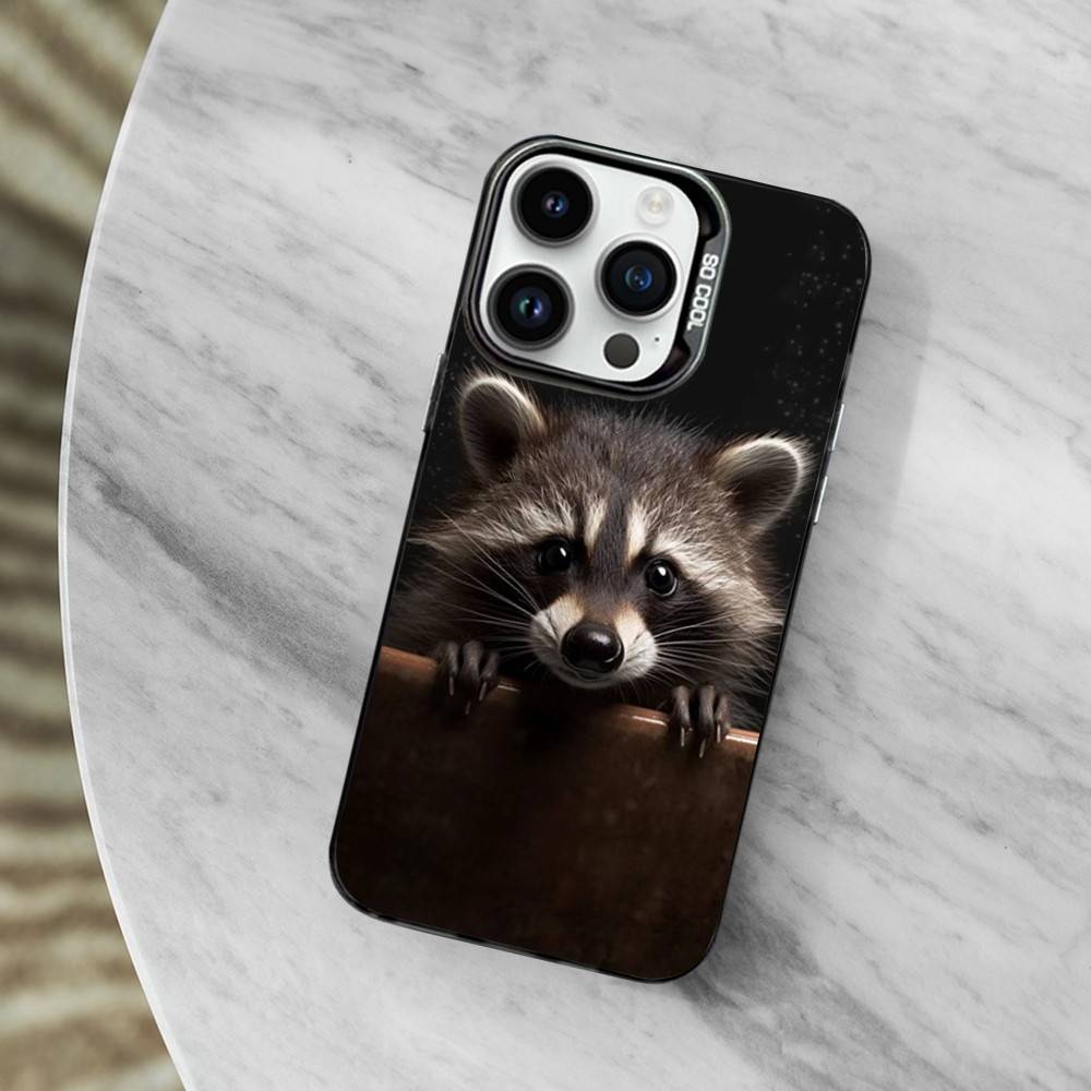 Raccoon Cute Animal Phone Case For iPhone 11,12,13,16,14,15,Mini,Pro,XS,MAX Black Matte Shockproof Cover