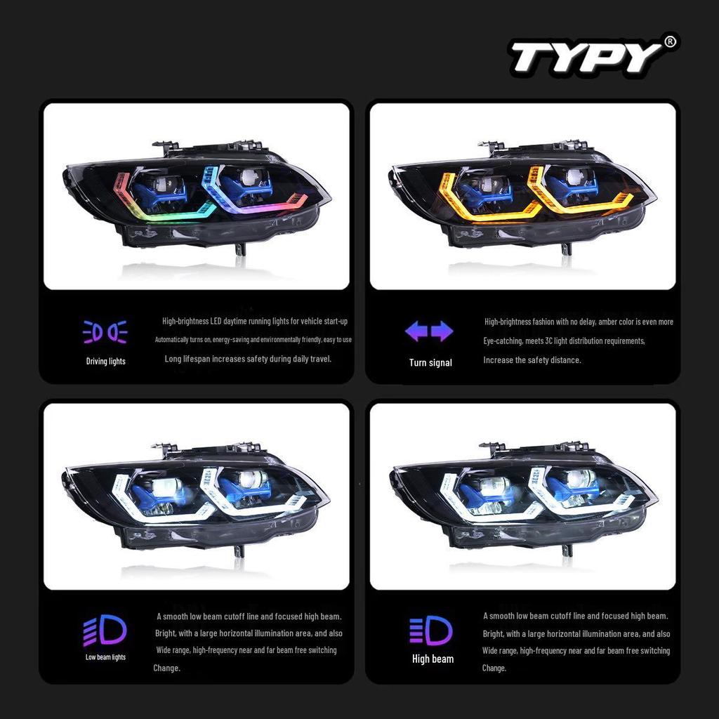 BMW 3 Series E92 E93 M3 RGB Headlight Assembly with Colorful Daytime Running Lights and Turn Signals (2005-2010).