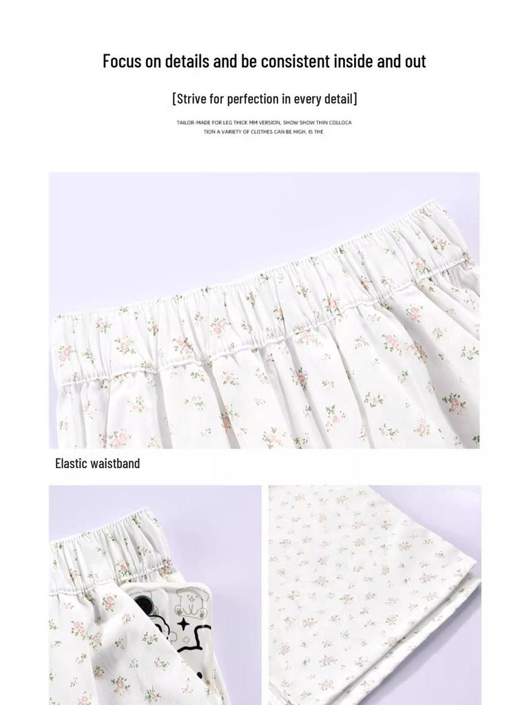 High Waist Floral Ice Silk Women's Summer Wide-Leg Pants, 145-150 Petite