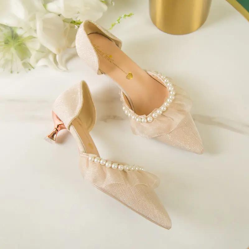 Fashion Pearl Stilito Ladies Pumps Women's Shoes with Medium Heels Pointed Toe Korean Style Genuine Mark Summer 2025 Chic and Elegant 39