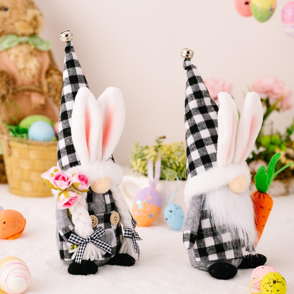Charming Easter Decoration Plush Black And White Checkered Bunny Ears Doll With Flowers