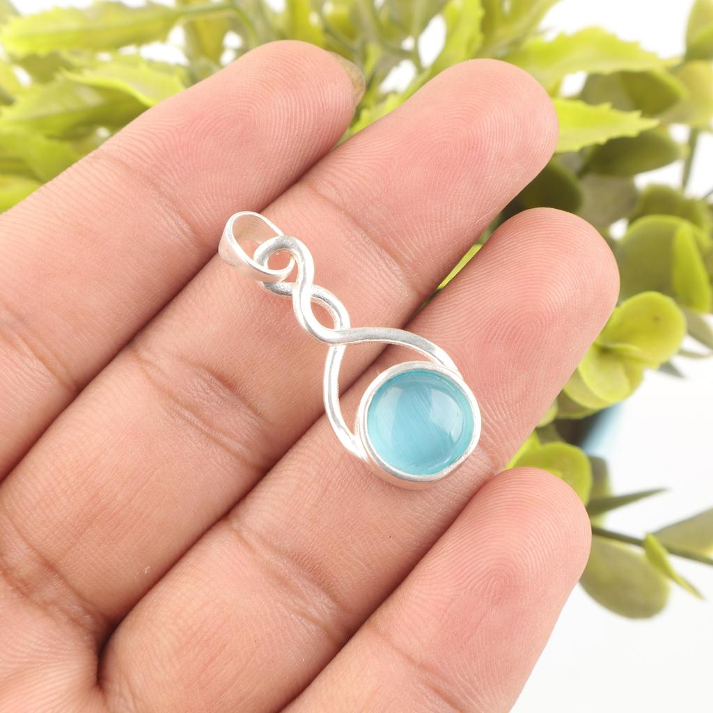 Blue Cat's Eye Gemstone Pendant, 925 Sterling Silver Pendant Jewelry, Handmade Jewelry Pendant, Balancing Jewelry Gift For Women