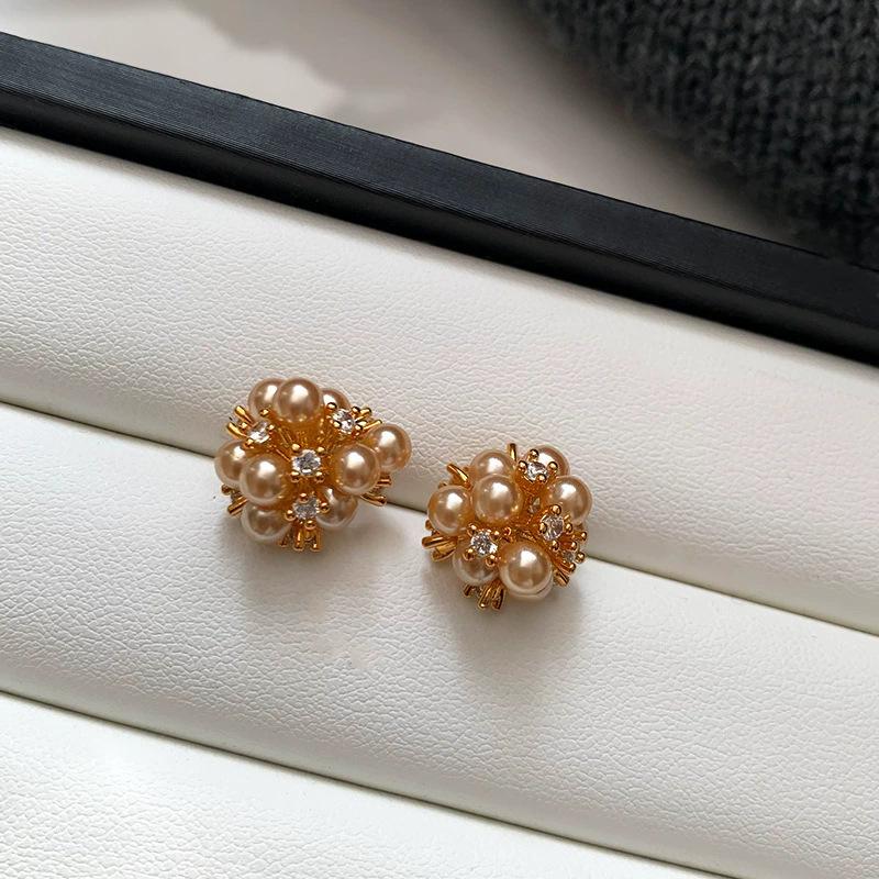 

Sterling silver needle champagne flower cluster light luxury high-end stud earrings women s exquisite atmosphere pearl flower ball earrings