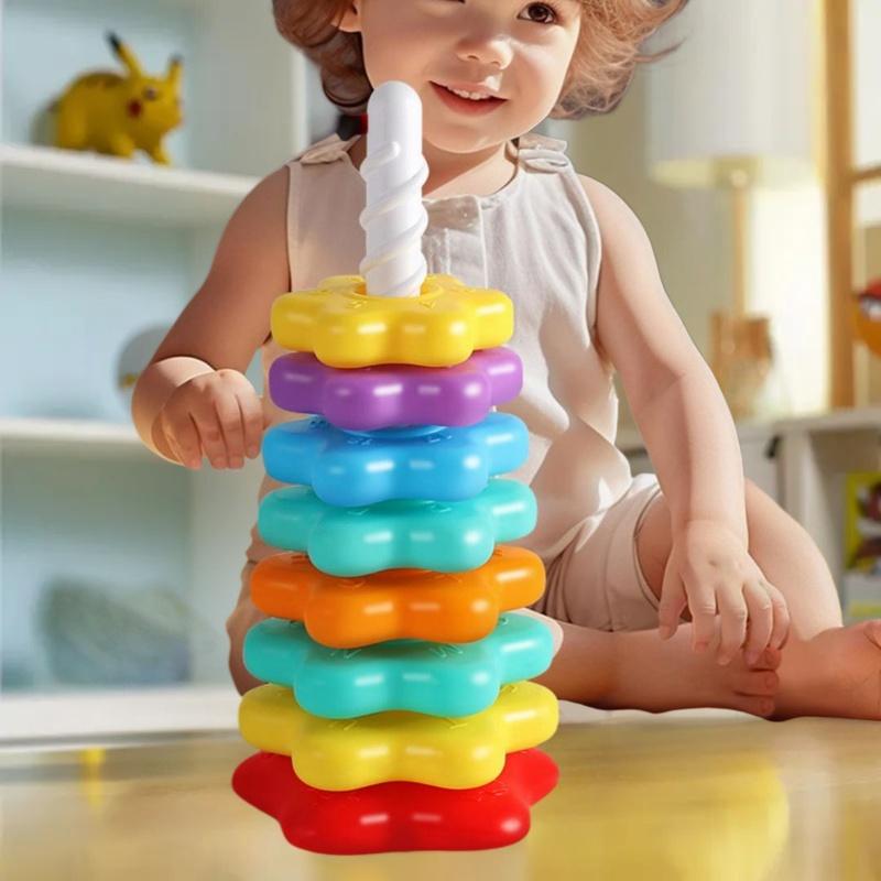 1 Set Montessori Rotating Rainbow Tower Baby Stacking Toys Children Develop Motor Skills Game Spinning Stacking Toy Gifts