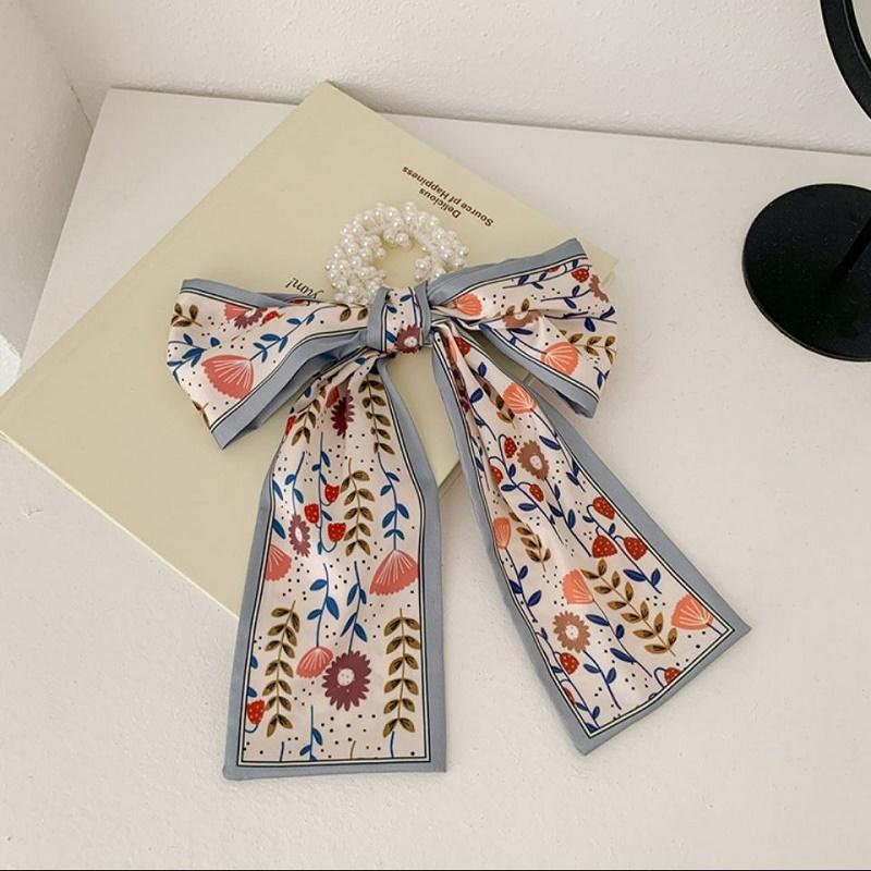 Fashion Pearl Scrunchies Ties Satin Long Ribbon Ponytail hair bundle Silk Floral Summer Hair Bands Accessories For Women Girls