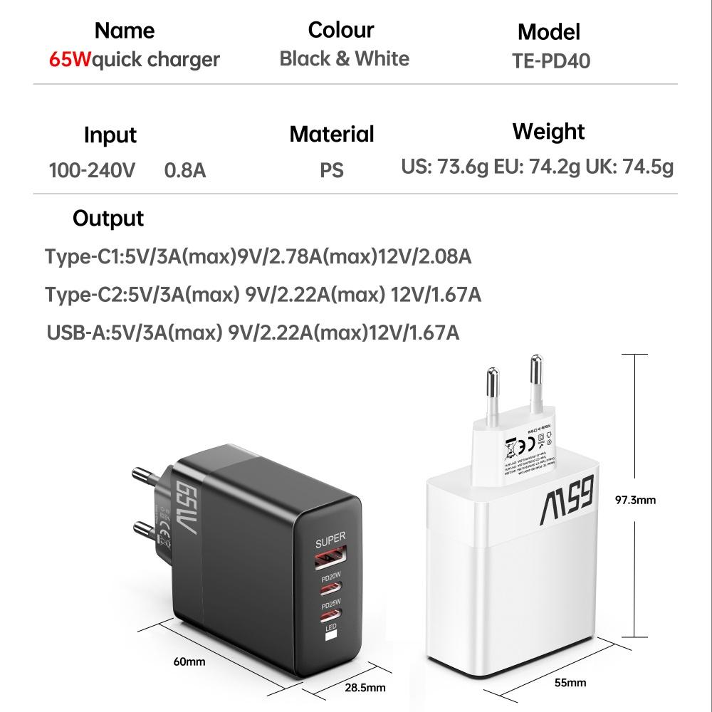 Total 65W USB C Charger Super Fast Charging Type C PD Mobile Phone Wall Adapter for iPhone 16 Pro Max Xiaomi  Samsung S24