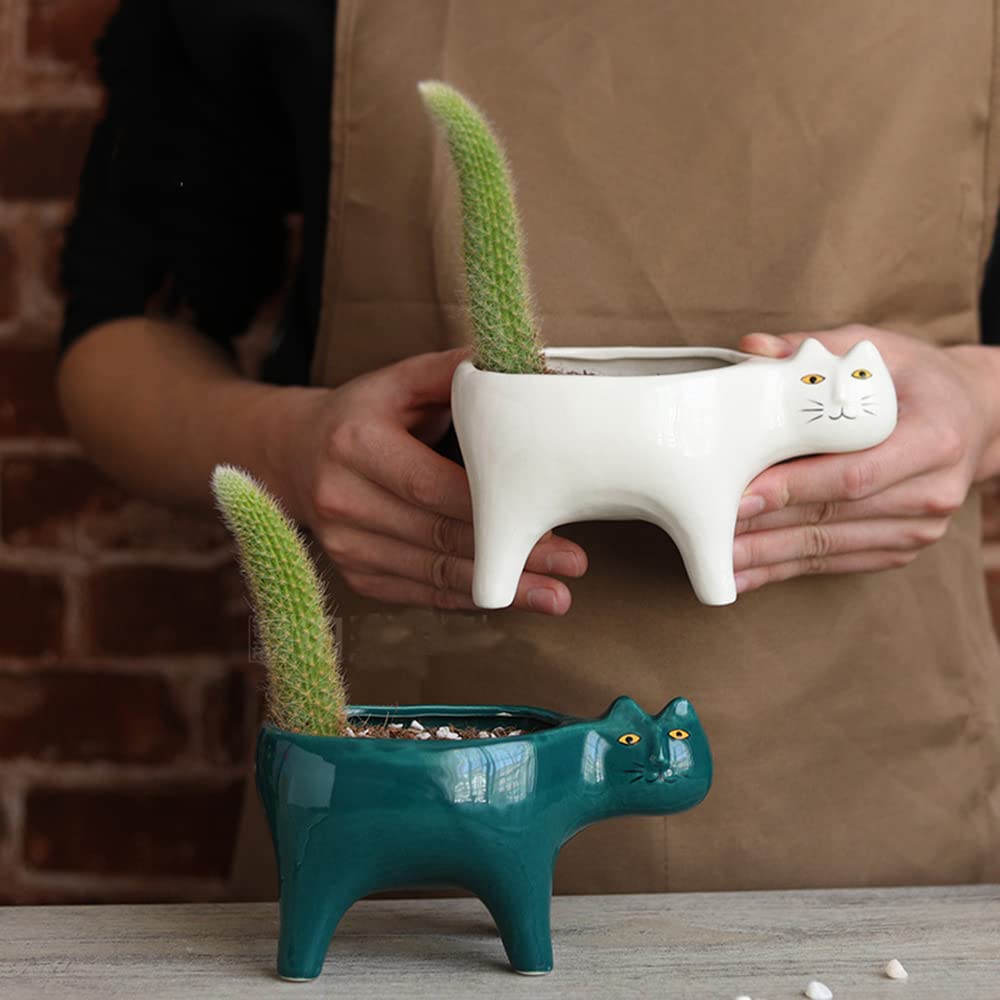 siawadeky Cute Cat Flower Pots Set of 2 Succulent Pots Ceramic Pots Cat Planter Succulents Cactus Cat Tail Cat Planter Pot Decoration Cat Herb Planter