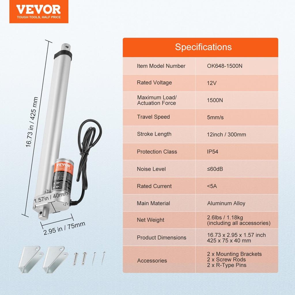 Linear Actuator 12V 12 Inch High Load 330lbs/1500N 0.19"/s IP54 Protection
