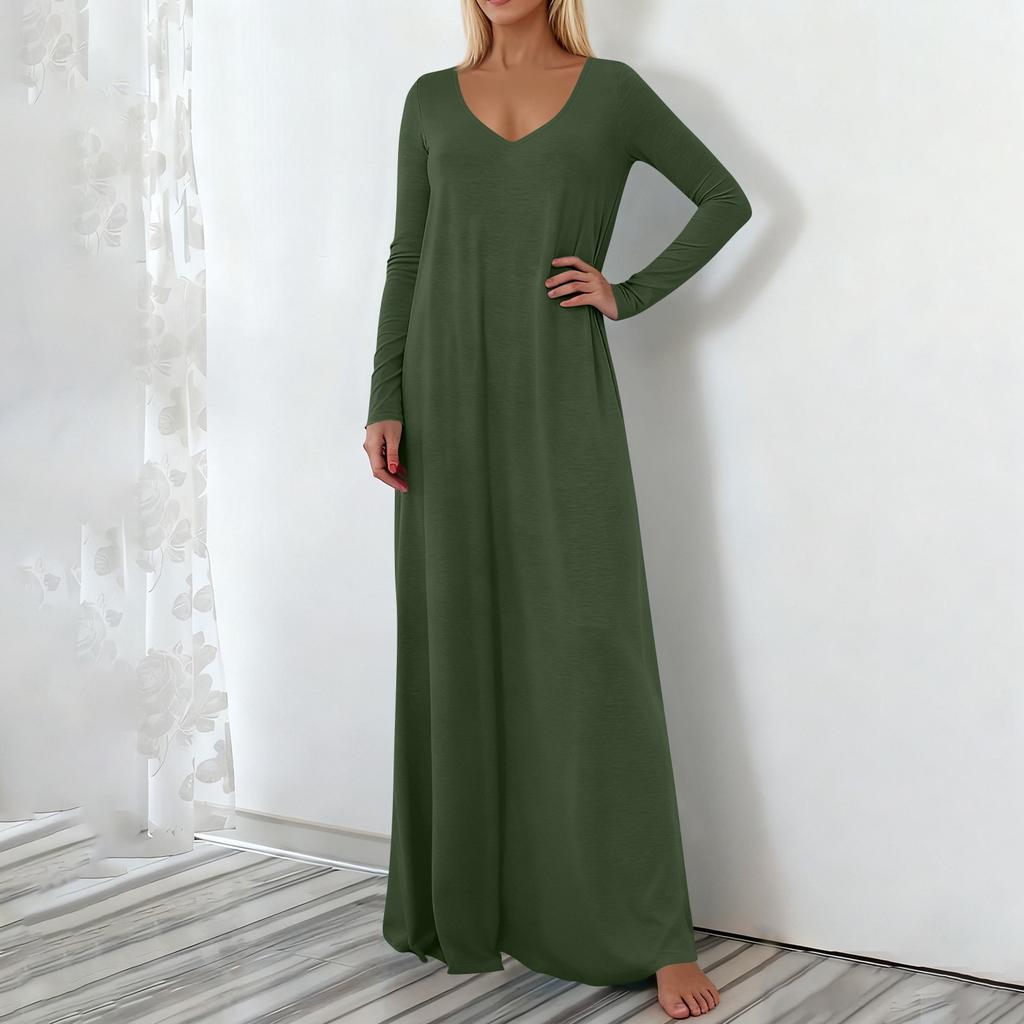 Abito Lungo Casual da Donna alla Moda, Scollo a V, Maniche Lunghe, Vestibilità Larga, Pullover