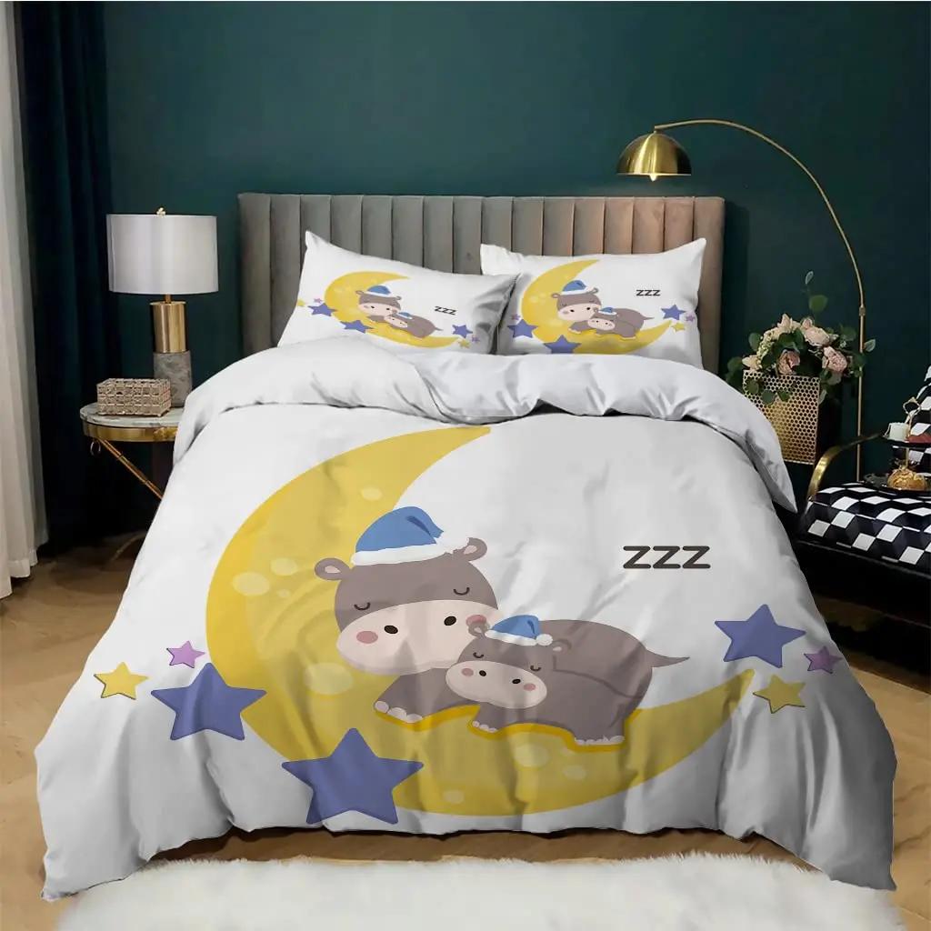 Federa per Piumone Ippopotamo Cartone Animato Foglia di Palma Ippopotamo Carino Monstera Ramo Foglia Verde Tema Genitori Animale Selvatico Decorazione Stanza Per Bambini