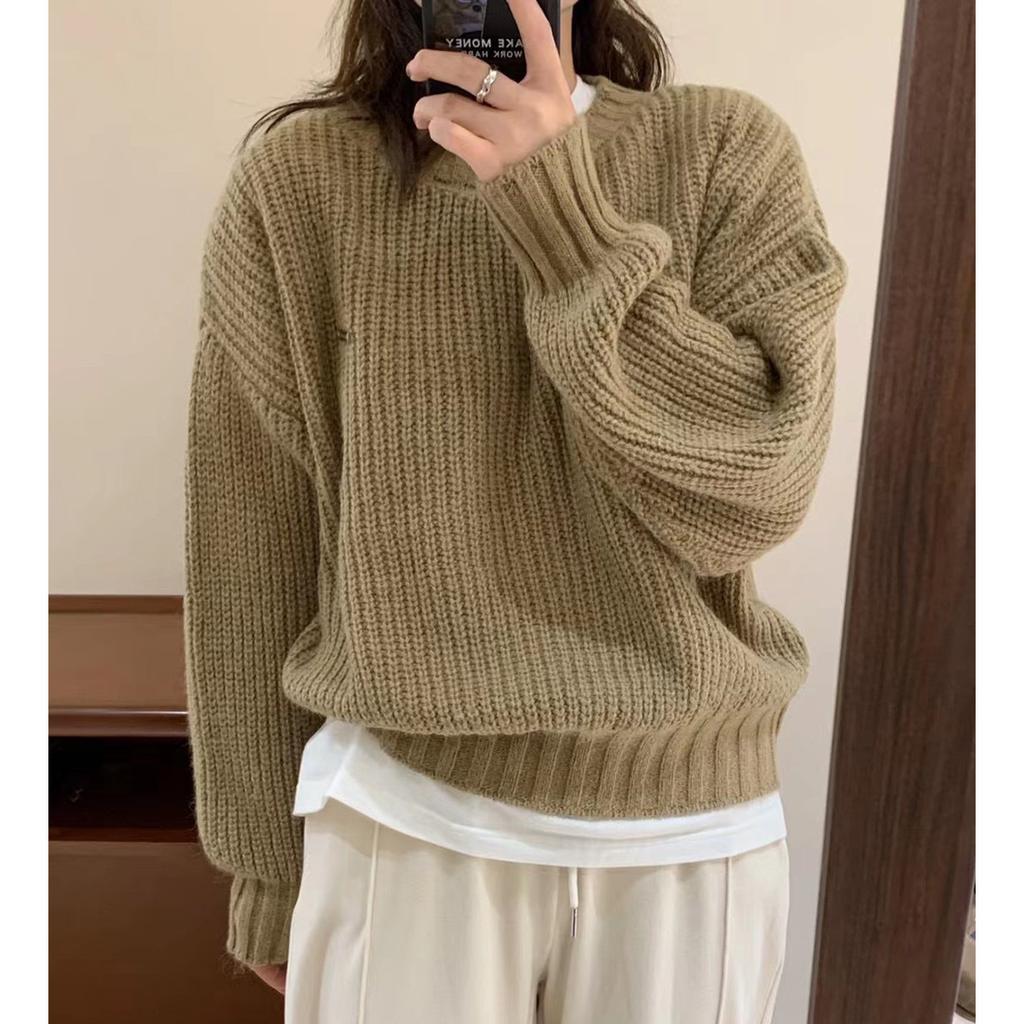 Autumn and Winter Women's Solid Color Pullover Sweater Loose Round Neck Knitted Sweater Base Top