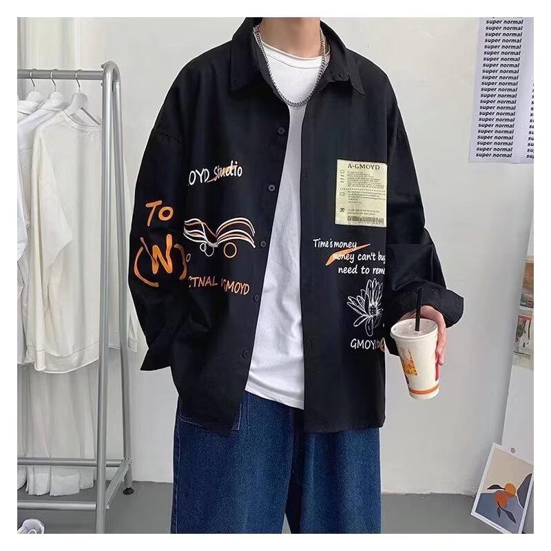 Men's Harajuku Style Fashion Cardigan Jacket: Casual, Handsome, Letter Print Long Sleeve Lapel Shirt