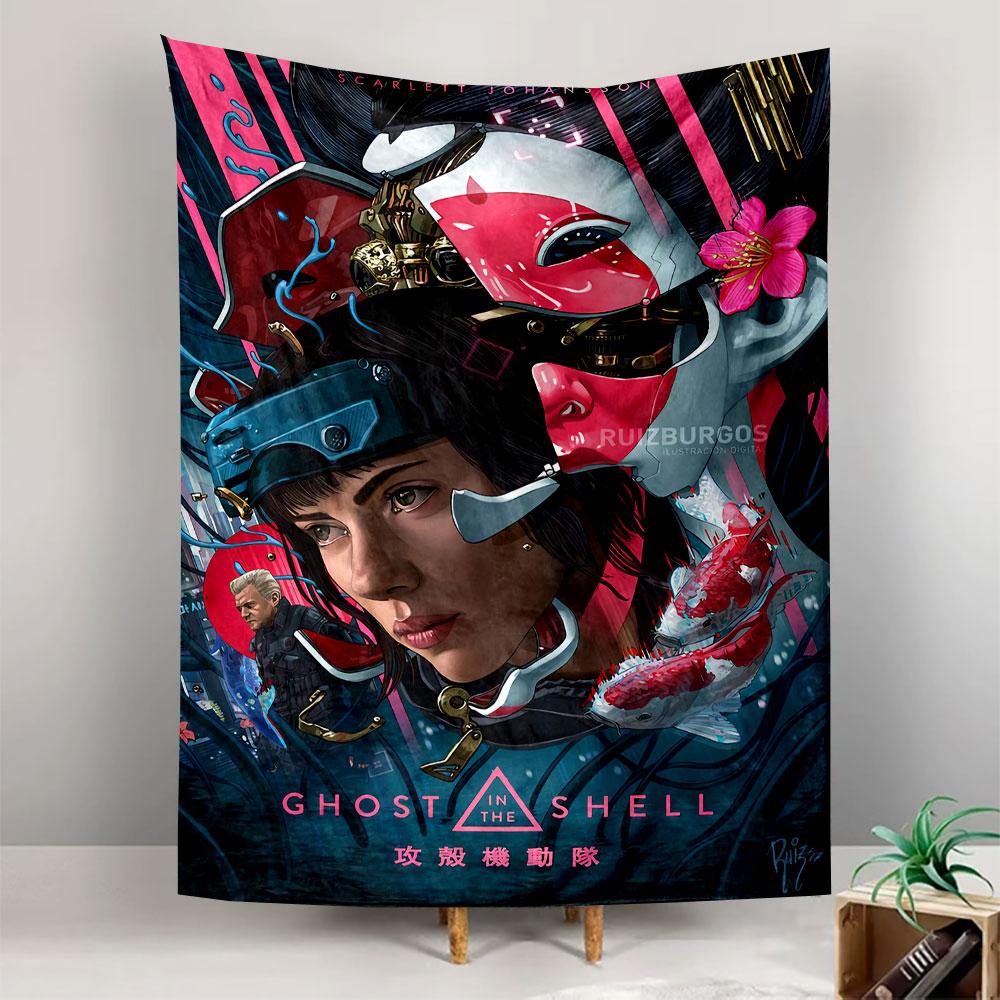 Ghost in the Shell Tapestry Wall Hanging, Cyberpunk Anime Poster Art, Sci-Fi Wall Decor for Bedroom Living Room Dorm