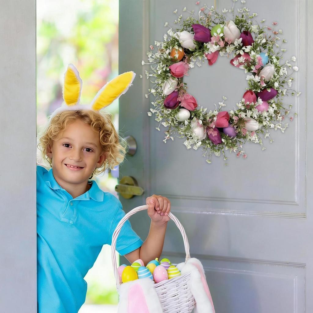 Easter Door Wreath 17inch Funny Artificial Spring Flower Easter Eggs Front Door Wreath for Home Entryway Wall Porch Yard Patio