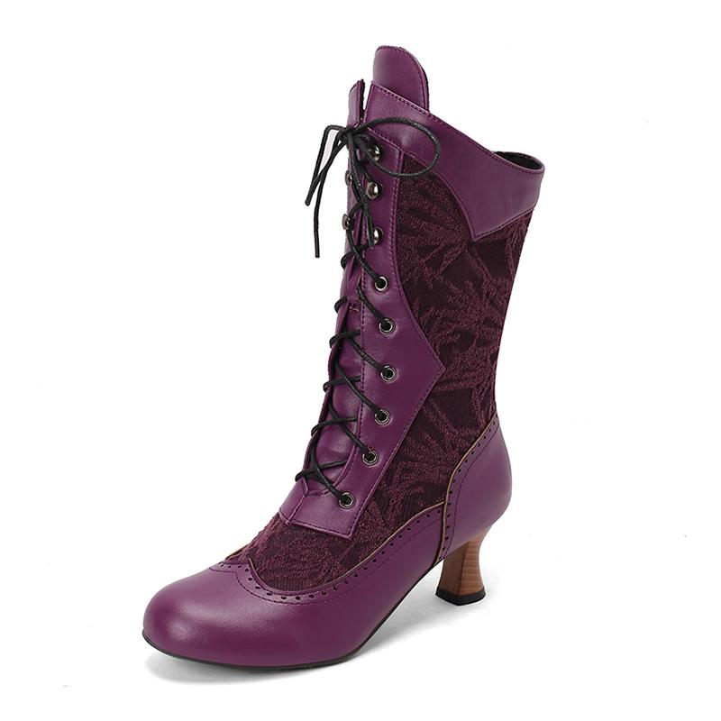 Women's Costume Cosplay Shoes Retro Mid Calf Boots Burnout Kitten Heels Front Bandage Patchwork Boots