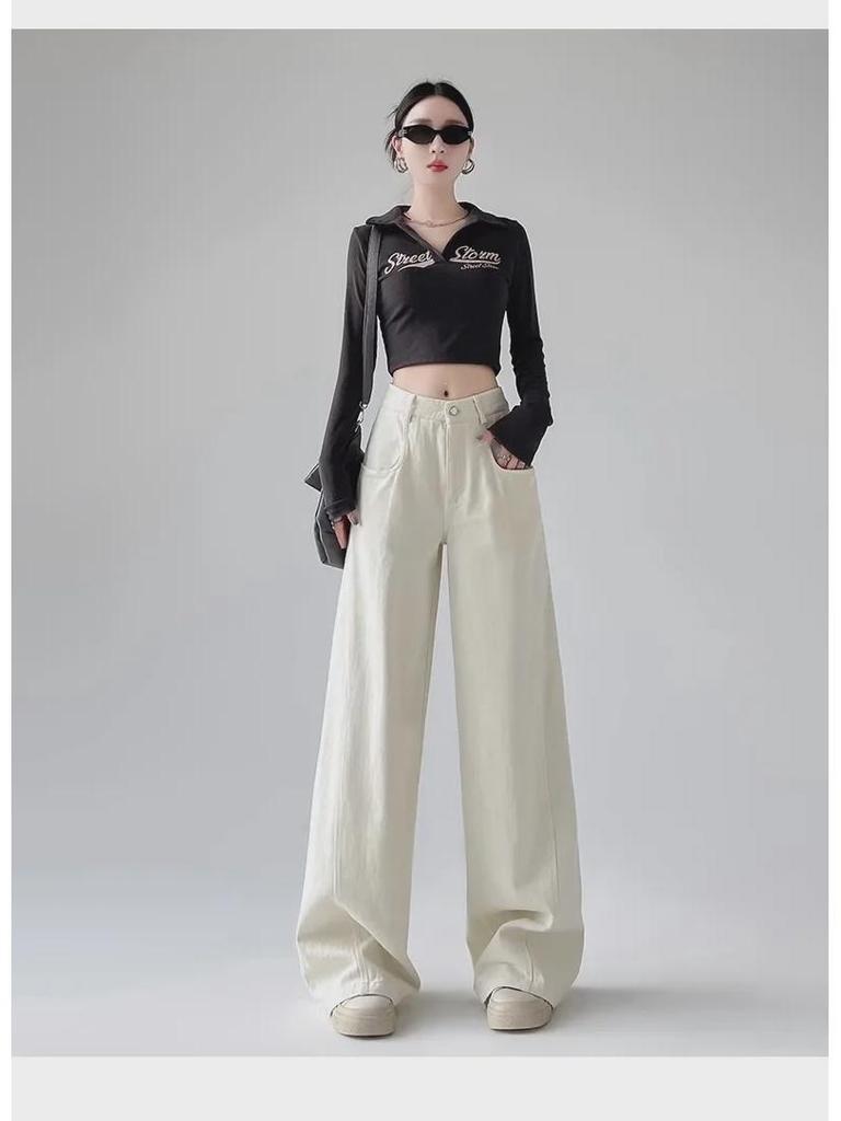 Women's White High-Waisted Wide-Leg Jeans: Autumn/Winter Retro American Style Loose Fit.