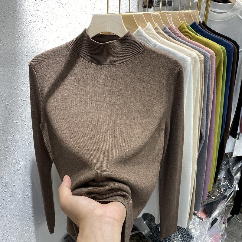 

Осенне-зимняя женская нижняя рубашка. Джемпер с длинными рукавами. Женский тонкий и тонкий базовый эластичный однотонный трикотаж с полувысоким воротником. One Size верблюд