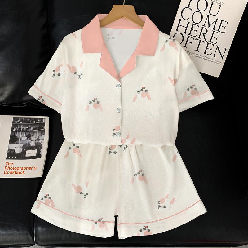 French Fighting Dog Ice Silk Pajamas Women'S Summer Short-Sleeved Suit High-End Loungewear Can Be Worn Outside