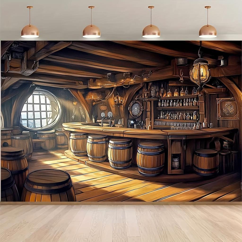 1 Polyester Foto-Hintergrundbanner, Piratenbar, Retro-Stil, Bar-Interieur und Fass-Party-Hintergrundstoff