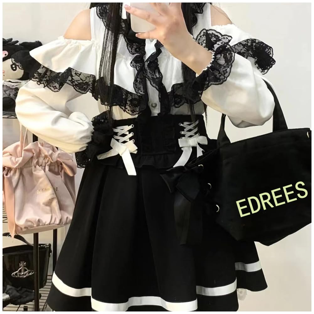 EDREES Lace Ruffle Long Sleeve Cute Mori Girl Lolita Top with Detachable Commuting Women's Shirt, Blouse, Style, Off-the-Shoulder Bow, Feminine,