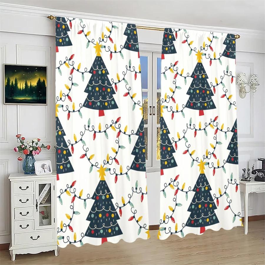Christmas Tree Snowflake Pattern Printed Curtains Decorations Home Room Curtain Set Of 2 Made Polyester Washable