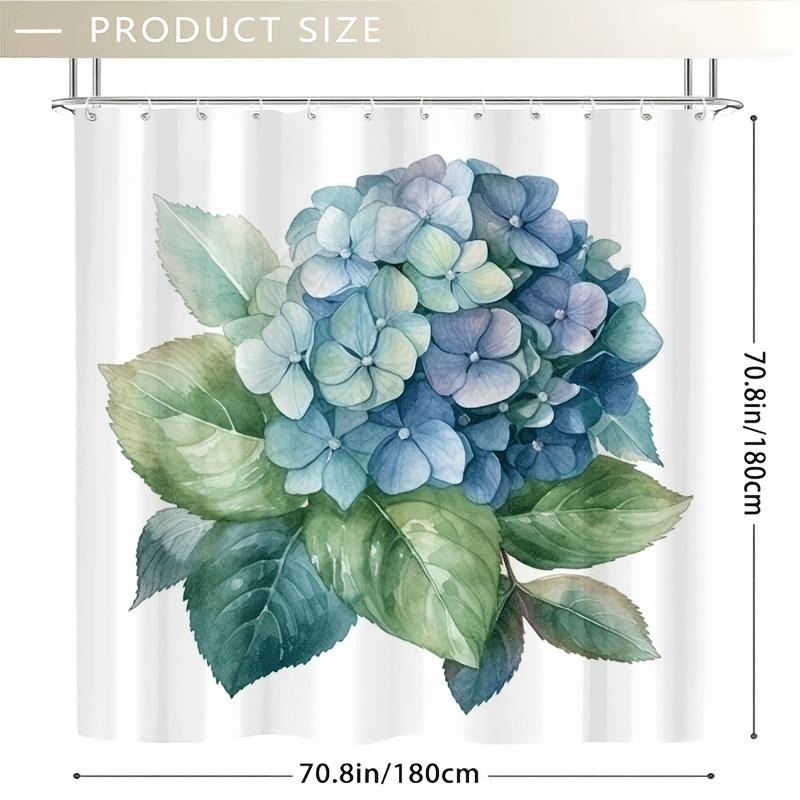 1Pc Blue Hydrangea Floral Shower Curtain With Green Leaves, Durable Polyester, Machine Washable For Bathroom & Bathtub Decor