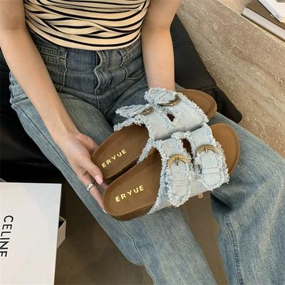 Summer 2025 New Fashion Thick-soled Denim Casual Beach Shoes with Belt Buckle-exposed Toes, Korean-style Flip-flops for Women