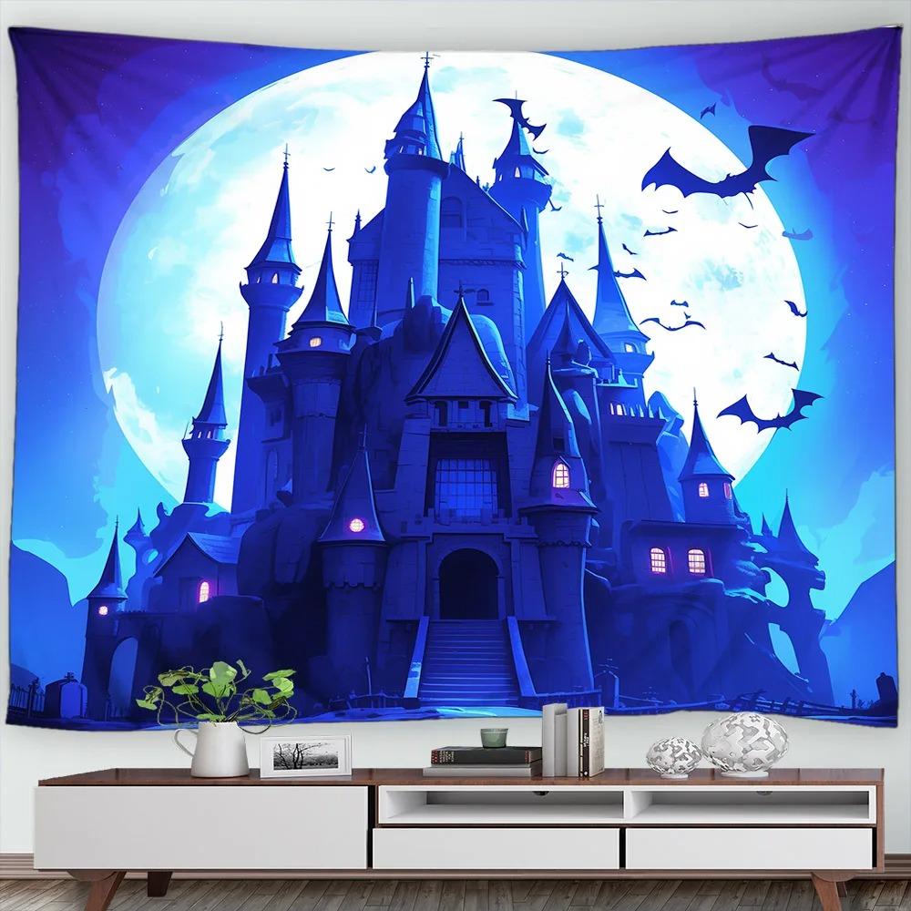 Halloween Decorative Tapestry Pumpkin Lantern Wall Hanging Full Moon Gothic Castle Ghost Bat Tapestry Home Room Decoration