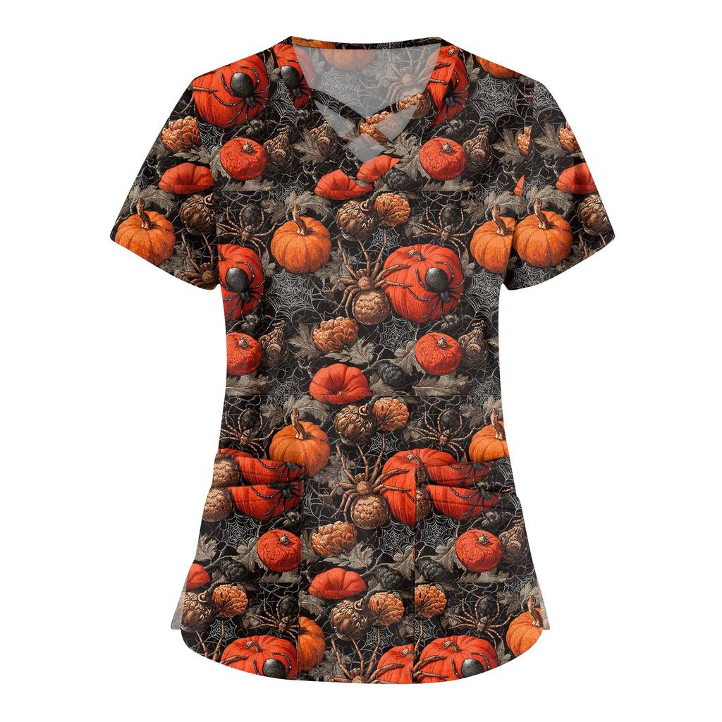 Damenmode V-Ausschnitt Kurzarm Overalls Doppeltasche Halloween Aufdruck Oberteile Bekleidung