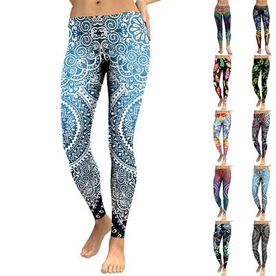 Womens Blue Heart-shaped Flowers Prints Stretch Yoga Leggings Fitness Running Gym Sports Active Pants