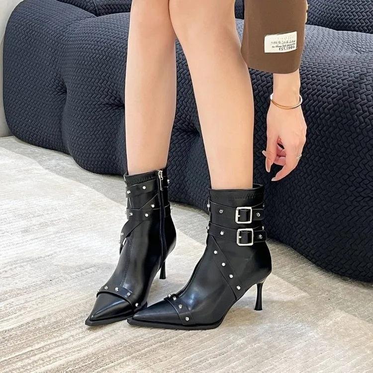 Fashion Fashionable Rivet High Heel Short Boots Pointed Toe Slim Fit Spring Autumn 2025 New Arrival Women's Ankle Boots Leisure Style