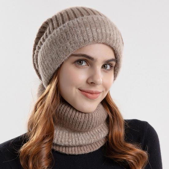 Yousheng 2 Pcs/Set Men Winter Hat Neck Warmer Thick Knit Stretchy Contrast Color Ear Protection Keep Warm Daily Wear Dome Cap Outdoor Skiing Skating