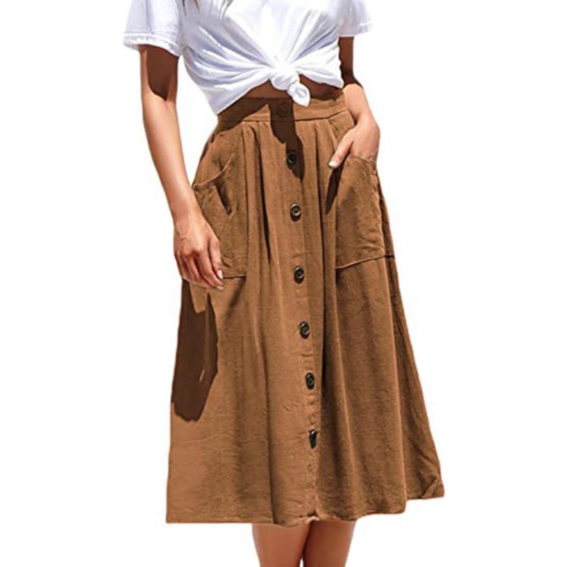 

women s Casual Solid Button Front Pocket Design High Waist A Line Midi Skirt Flared Swing Long Skirt 2XL темно-коричневого кольору
