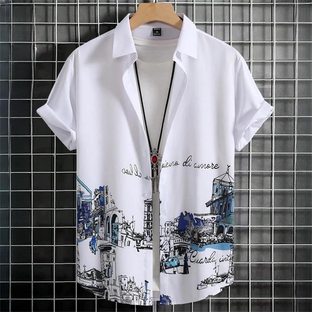 Minimalist men's shirt 3D patch printed clothing street designer short sleeved beach party Hawaii