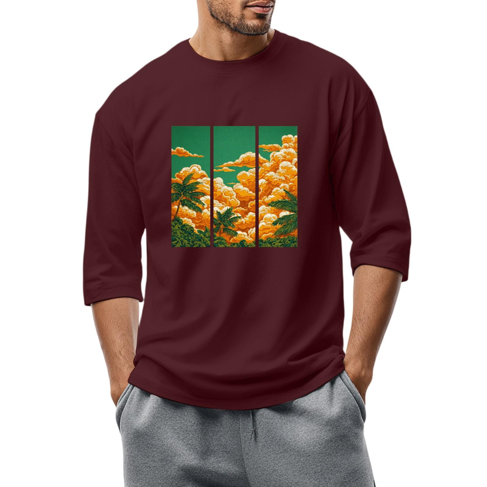 

Men S Round Neck Three-Quarters Sleeve Top Casual Fashion T-Shirt XXXL винний