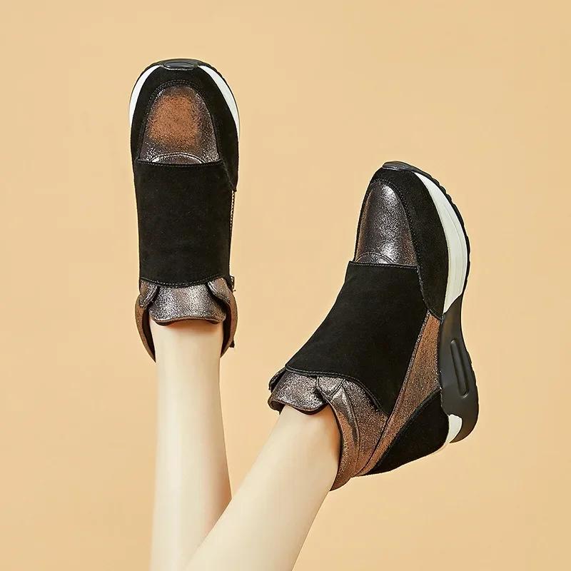 6CM High Top Women Shoes Synthetic Leather Platform Ankle Boots Wedge Hidden Heel Autumn Warm Fur Winter Shoes Sneakers